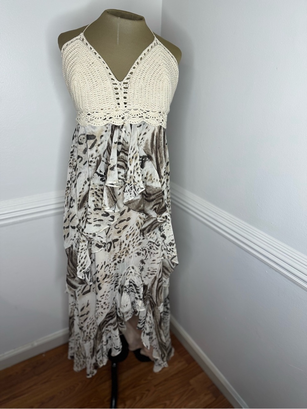 Boho Vibes Grass Collection Beige Crochet Halter Dress with Neutral Print